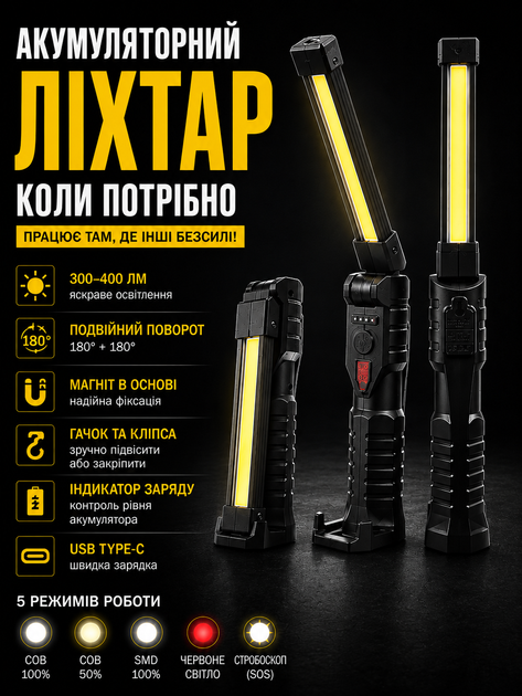 Фонарь аккумуляторный для дома ручной светодиодный LED фонарик лампа аккумуляторная с USB Type C зарядкой магнитом крючком поворотный рабочий светильник для ремонта гаража автомобиля кемпинга аварийного освещения 400 lm COB 5 режимов яркий переносной - Фото 1 Фонарь аккумуляторный для дома ручной светодиодный LED фонарик лампа аккумуляторная с USB Type C зарядкой магнитом крючком поворотный рабочий светильник для ремонта гаража автомобиля кемпинга аварийного освещения 400 lm COB 5 режимов яркий переносной - изображение 1