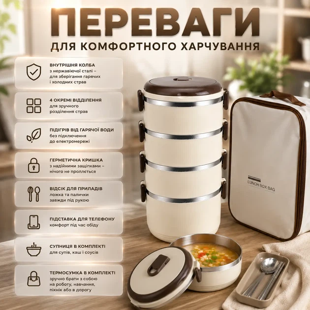Термо ланч-бокс із нержавіючої сталі 2,8 л з термосумкою, герметичний контейнер для їжі на 4 відділення із супницею, столовими приборами та підігрівом від окропу - зображення 2