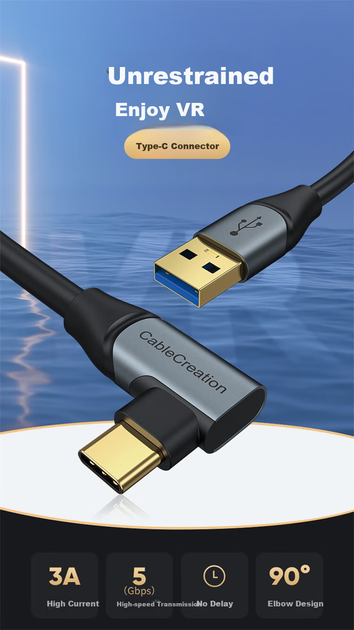 СОЗДАНИЕ КАБЕЛЯ: Кабель передачи данных типа C (угол), USB 3.1, кабель для подключения камеры, кабель Oculus Quest2 Link, высокоскоростной кабель для передачи данных, кабель для VR-гарнитуры Piconeo3/4, кабель для потоковой передачи данных, 3 метра. - изображение 3