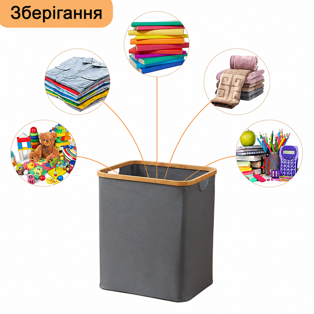 Корзина для хранения одежды вещей в гардеробе для стирки белья складная органайзер с крышкой и бамбуковыми ручками,серая LB-45 - изображение 2