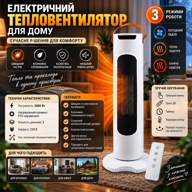 Обігрівач тепловентилятор для офісу 2000W - изображение 2
