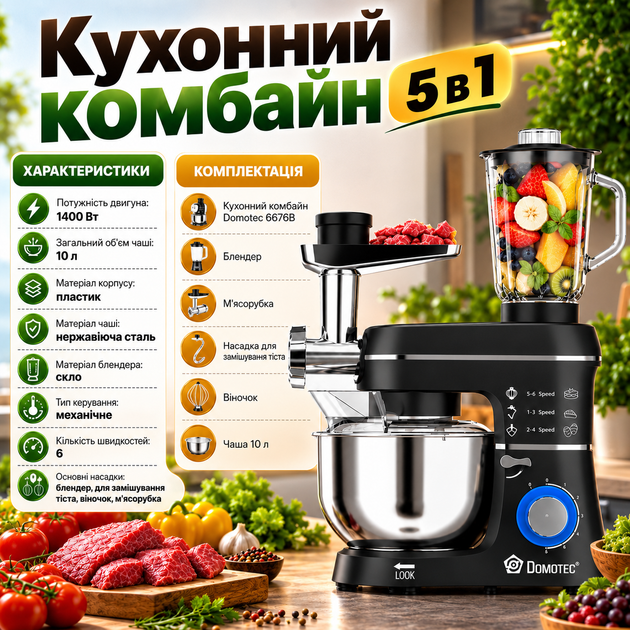 Кухонный комбайн Domotec 6676B 5 в 1 1400 Вт 10 л с мясорубкой блендером Тестомес с чашей из нержавеющей стали Планетарный миксер с венчиком - изображение 4
