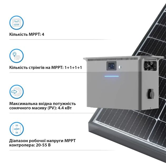 Зарядна станція DEYE SUN-BK250 2500W 2.56kWh LiFePO4 51.2V 4 MPPT 220/230V Однофазна (SUN-BK250-2.56KWH-EU-AM4-18L) - зображення 4
