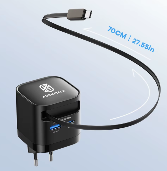 Зарядное устройство с выдвижным кабелем Type-C Asometech USB-A, USB-C 65W - Фото 2 Зарядное устройство с выдвижным кабелем Type-C Asometech USB-A, USB-C 65W - изображение 2