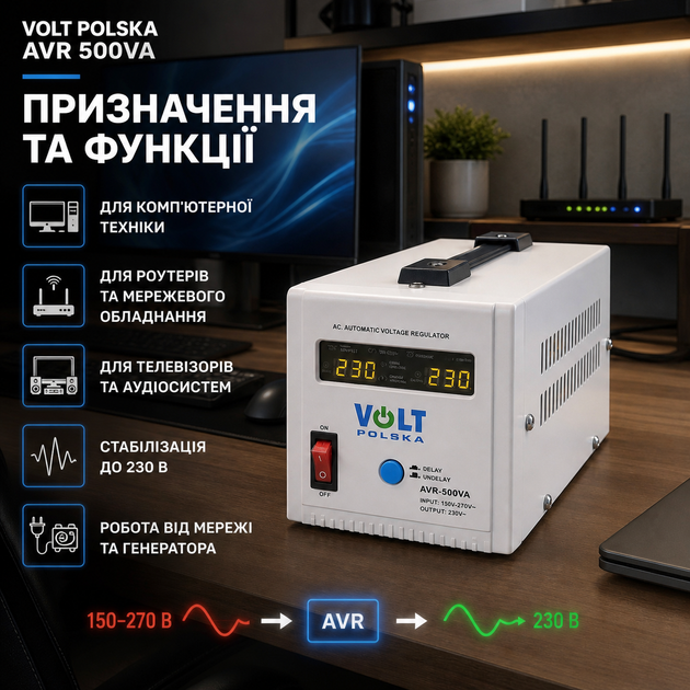 Релейний стабілізатор Volt Polska 150-270 В регулятор напруги AVR 500VA 350 Вт для побутової техніки 230 В захисний мережевий фільтр 50 Гц від перенапруги перешкод комп'ютера телевізора генератора - зображення 2