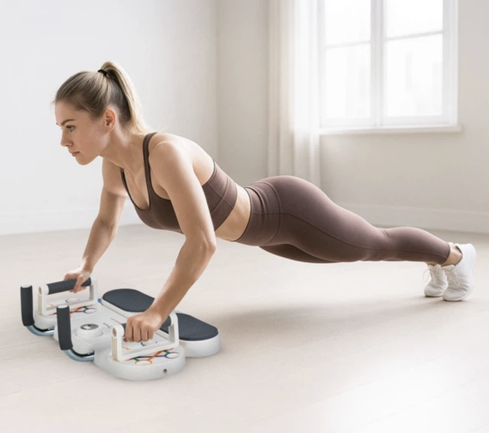 Доска для отжиманий Gymtek Multi Push Up 3-в-1 до 150 кг с эспандерами и таймером Складной тренажер для груди плеч спины кора Фитнес-платформа для домашних тренировок - изображение 8