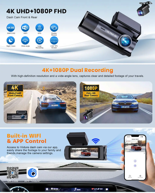 Автомобільний відеореєстратор Terra HD-2293SE 4K, Wi-Fi - зображення 3