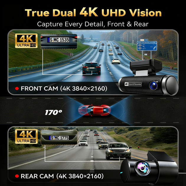 Автомобільний відеореєстратор Terra HD-319 4K+4K, Wi-Fi, 2 камери - зображення 9
