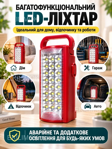 Аккумуляторный портативный LED фонарик переносной фонарь лампа для аварийного освещения во время блекаута и отключения электроэнергии, для дома, кемпинга, туризма, с PowerBank и USB портом, 24 светодиода, два режима работы до 80 часов - изображение 7