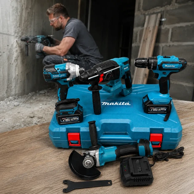 Набор инструментов 4в1 Makita 48 В 6 А·ч аккумуляторный шуруповерт DDF484 25 Нм дрель перфоратор DHR202 3.8 Дж SDS Plus УШМ DGA504 болгарка 125 мм гайковерт DTW301 520 Нм для строительства ремонта монтажа автосервиса с 2 АКБ кейсом - изображение 6