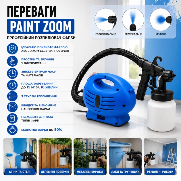 Фарбопульт электрический Paint Zoom 650W для краски и лака - бытовой краскопульт с соплом и шлангом. - изображение 3