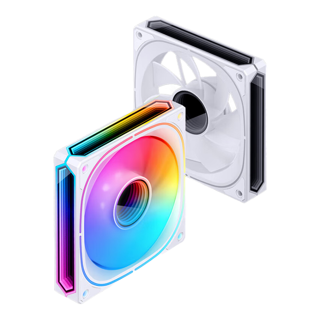 Вентилятор для корпуса JONSBO FR-505WR Iridescent White Edition, 12 см (обратная конструкция лопастей/3-сторонний и осевой вентилятор с многослойным зеркальным эффектом/5V ARGB/ШИМ-разъемы (штекер и гнездо) - изображение 4