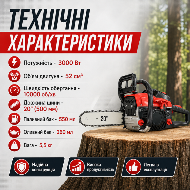 Бензопила Alfarid 3000 Вт 52 куб. см с шиной 500 мм и антивибрационной системой - изображение 5