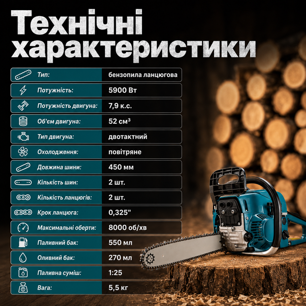 Бензиновая бензопила BOXER BX-102 5.9 кВт 7.9 л.с. двухтактный двигатель с комплектом - изображение 7