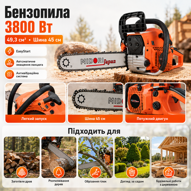 Бензинова бензопила Midori MJ-101 3,9 к.с. 45 см двотактний двигун з антивібраційною системою - изображение 5