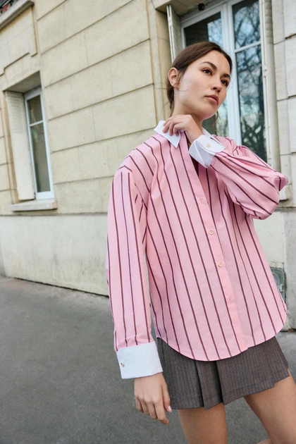 Поплінова сорочка у смужку оверсайз Zara 3564/080 XL Рожева (03564080046XL) - Фото 2 Поплінова сорочка у смужку оверсайз Zara 3564/080 XL Рожева (03564080046XL) - изображение 2