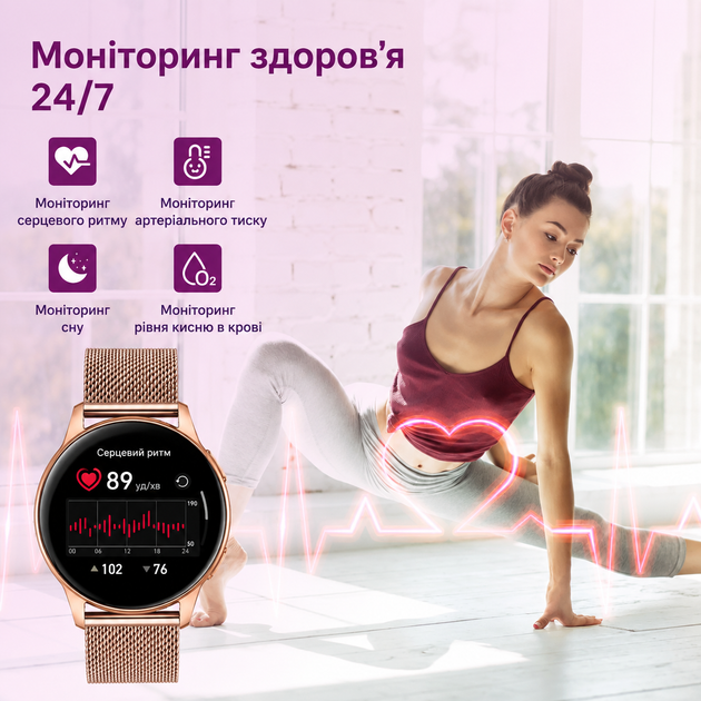 Ультратонкий жіночий Smart Watch AMOLED, 7,6 мм, 100+ спортрежимів, IP68, моніторинг показників здоров’я, 2 ремінці - зображення 7