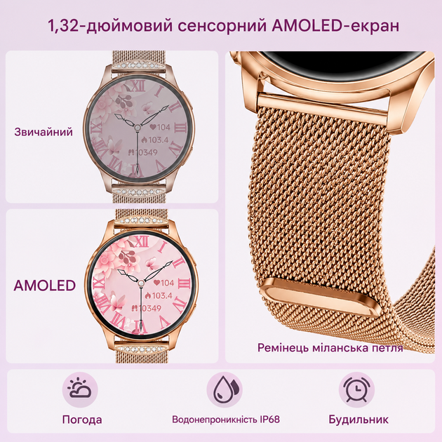 Ультратонкий жіночий Smart Watch AMOLED, 7,6 мм, 100+ спортрежимів, IP68, моніторинг показників здоров’я, 2 ремінці - зображення 8