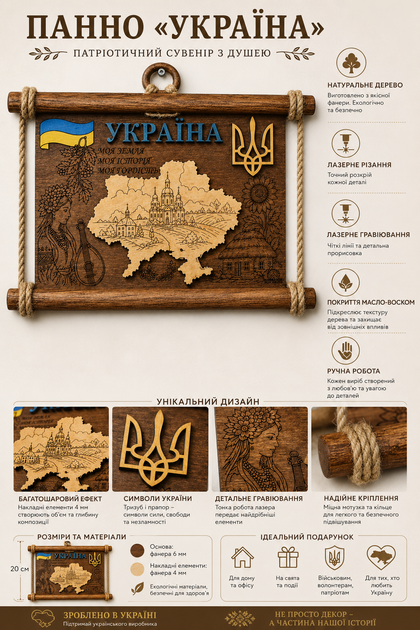 Дерев’яне панно «Україна» — патріотичний сувенір з картою України, тризубом та українською символікою, лазерне гравіювання - изображение 2