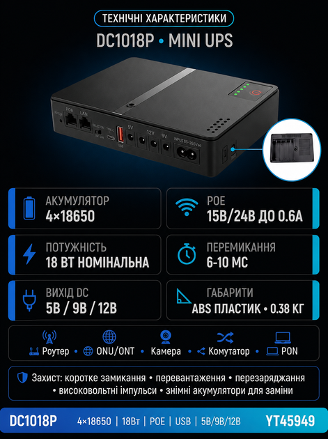 Безперебійник для WI-Fi роутера камери модему Happy Home DC UPS 1018P 5V 9V 12V USB 18W з змінними акумуляторами - зображення 2