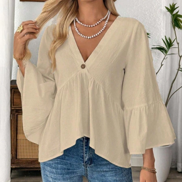 Жіноча блузка А-силуету з рукавами-дзвонами BantyBlouse, бежева, розмір M-L - зображення 2