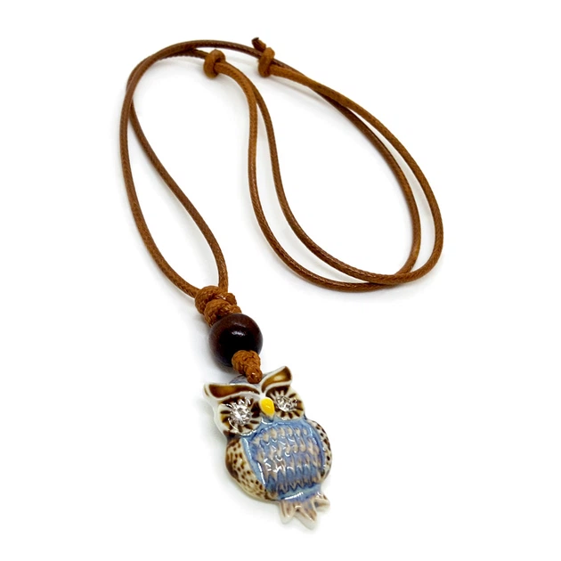 Керамический кулон на шнурке с регулировкой Сова пугач голубая эмаль кристаллы - Фото 2 Керамический кулон на шнурке с регулировкой Сова пугач голубая эмаль кристаллы - изображение 2