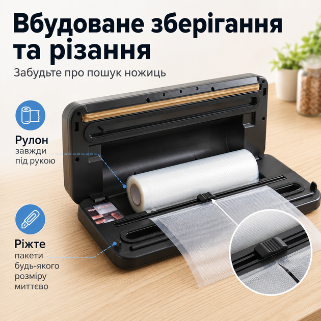 Вакуумний пакувальник Zepline ZP-00373 200 Вт вакууматор для продуктів із сенсорним керуванням різаком та відсіком для рулону запаювач пакетів для сухих вологих сипких продуктів герметичне пакування з LED підсвіткою - изображение 2