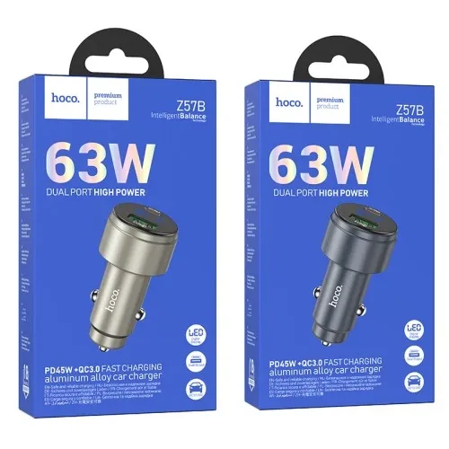 АЗП HOCO Z57B Glorious 63W dual-port digital display PD45W+QC3.0 car charger Black - зображення 2