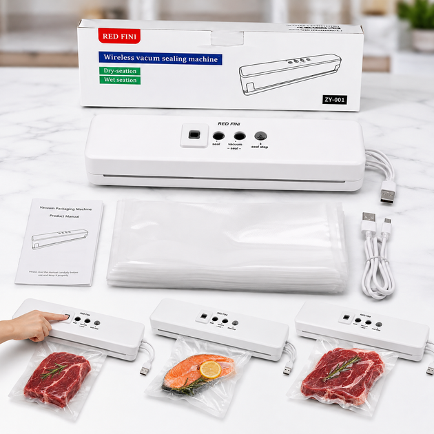 Вакуумный упаковщик RED FINI AN373 для сухих и влажных продуктов 90 Вт 60 кПа USB Белый - изображение 3