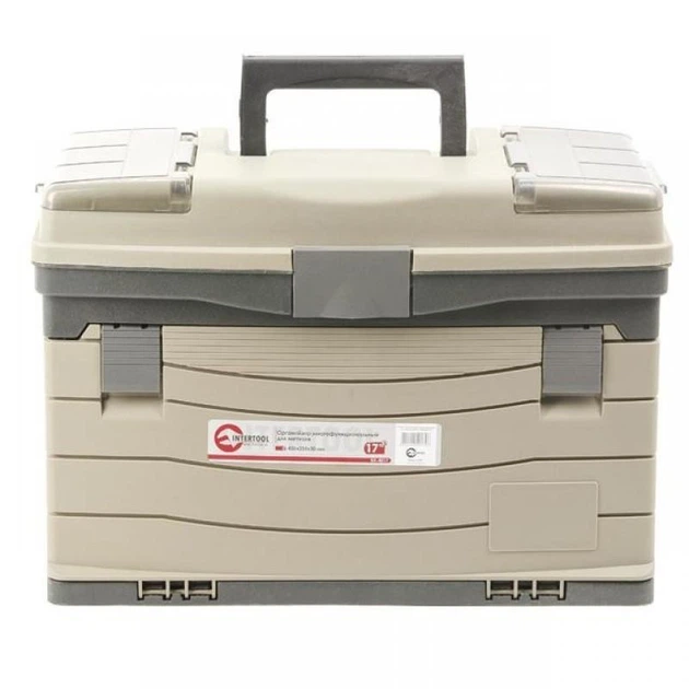 Ящик-органайзер многофункциональный для метизов 17" 435х235х300 мм INTERTOOL BX-4017 Универсальный ящик для дома и мастерской с 4 выдвижными секциями 43.5х23.5х30 см Бежевый с черным - Фото 2 Ящик-органайзер многофункциональный для метизов 17" 435х235х300 мм INTERTOOL BX-4017 Универсальный ящик для дома и мастерской с 4 выдвижными секциями 43.5х23.5х30 см Бежевый с черным - изображение 2