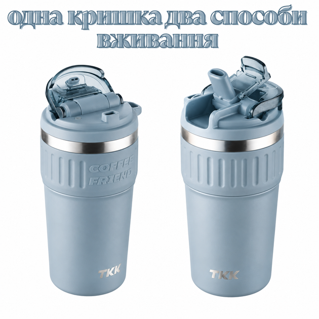 Термокружка TerraFlow Coffee 630 мл голубая с ремешком и двойным способом питья - изображение 4