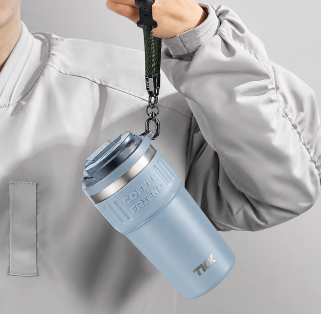 Термокружка TerraFlow Coffee 630 мл голубая с ремешком и двойным способом питья - изображение 5