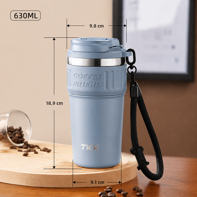 Термокружка TerraFlow Coffee 630 мл голубая с ремешком и двойным способом питья - изображение 6