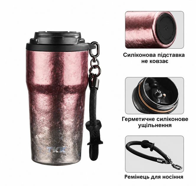 Термокружка TKK Titanium 630 мл – титановый термос для кофе и чая, герметичная крышка, двойной способ питья, розовый металлик - Фото 3 Термокружка TKK Titanium 630 мл – титановый термос для кофе и чая, герметичная крышка, двойной способ питья, розовый металлик - изображение 3