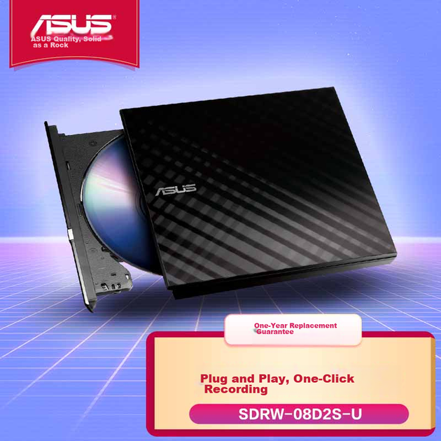 Зовнішній DVD-привід ASUS 8x Speed USB 2.0, портативний оптичний привід, чорний (сумісний із системами Apple/SDRW-08D2S) - зображення 4