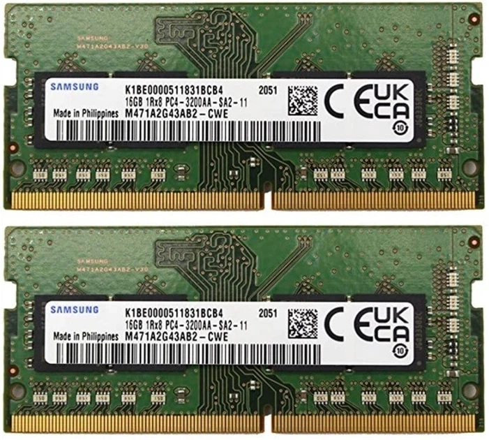 Комплект оперативной памяти для ноутбука Samsung 32GB (2x16GB) DDR4 3200MHz SO-DIMM 1Rx8 (M471A2G43BB2-CWELL) - Фото 1 Комплект оперативной памяти для ноутбука Samsung 32GB (2x16GB) DDR4 3200MHz SO-DIMM 1Rx8 (M471A2G43BB2-CWELL) - изображение 1