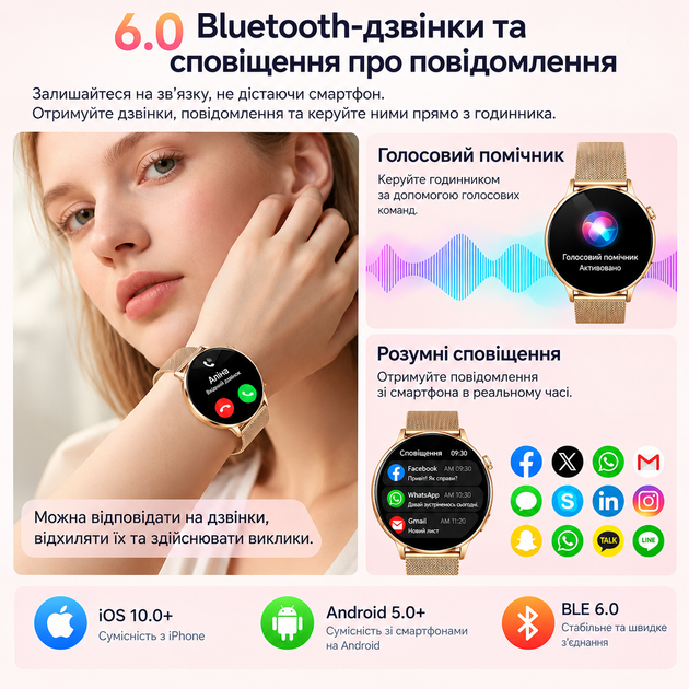Женский Smart Watch AMOLED с LED фонариком, ультратонким корпусом, мониторингом показателей здоровья, 2 ремешки - изображение 7