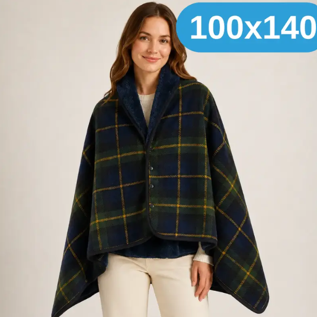 Плед-халат-шаль универсальный 100×140 см One size - теплая нежная двухсторонняя накидка-плед в синюю клетку на кнопках KT9000904 - изображение 2