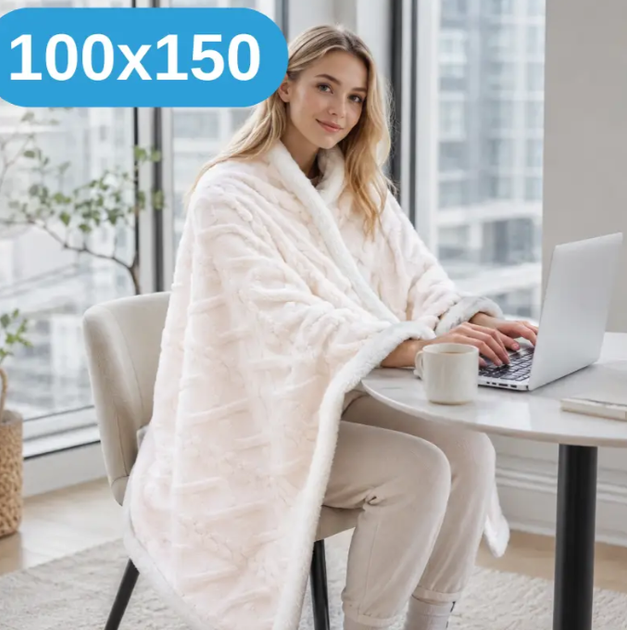 Плед-халат 100×150 см - теплая нежная накидка-плед, двухсторонняя для дома и отдыха белый KT9000804 - Фото 1 Плед-халат 100×150 см - теплая нежная накидка-плед, двухсторонняя для дома и отдыха белый KT9000804 - изображение 1
