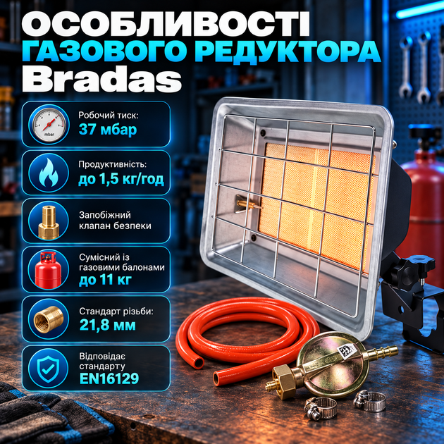 Газовый инфракрасный обогреватель RAVANSON BRI-85N 3,4 кВт на пропан-бутане с редуктором Bradas 37 мбар Горелка для баллона Тепловая установка для гаража мастерской склада - Фото 3 Газовый инфракрасный обогреватель RAVANSON BRI-85N 3,4 кВт на пропан-бутане с редуктором Bradas 37 мбар Горелка для баллона Тепловая установка для гаража мастерской склада - изображение 3