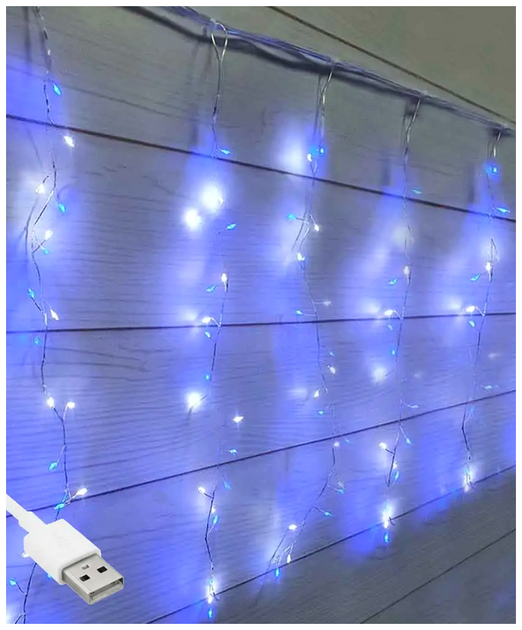 Светодиодная гирлянда штора 3x0.6м 200 LED USB Сине-белый 8 режимов IP44 Фейерверк SQ-26712 - изображение 2