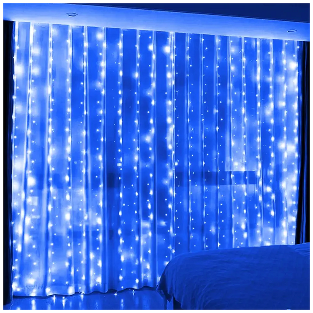 Гирлянда штора светодиодная 300LED 3x3м 8 режимов синий прозрачный шнур для внутреннего использования SQ-27304 - изображение 2