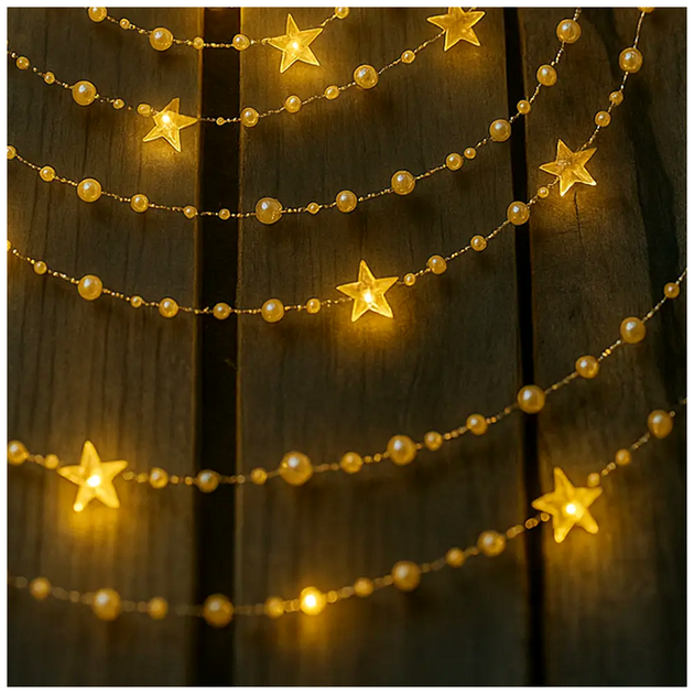 Светодиодная гирлянда 20LED 2м на батарейках теплый белый для декора с золотыми бусинами и звездочками SQ-28798 - Фото 8 Светодиодная гирлянда 20LED 2м на батарейках теплый белый для декора с золотыми бусинами и звездочками SQ-28798 - изображение 8