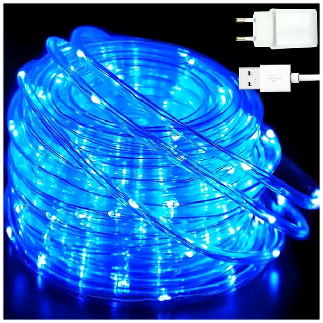 Гирлянда Роса 10м 100 LED 2Вт USB и 220V 8 режимов синяя силиконовая трубка IP65 для улицы SQ-27356 - изображение 2