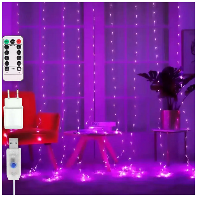 Гирлянда штора 1,8x1,2м 144 LED пульт USB сеть 220В 8 режимов фиолетовая SQ-26779 - изображение 2
