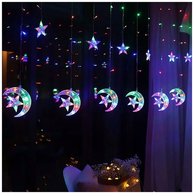 LED гирлянда штора 3x1м 12 фигурок 220В 8 режимов для украшения дома Луна со звездой Мультиколор SQ-27431 - изображение 5