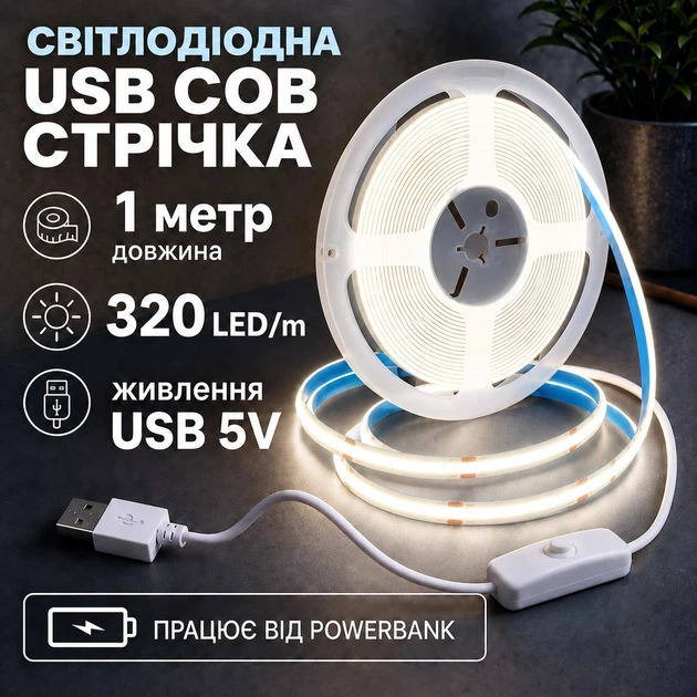 Светодиодная LED COB лента 1 метр с кнопкой USB 5V, белый нейтральный, светильник для подсветки кухни шкафов, 4000K - Фото 1 Светодиодная LED COB лента 1 метр с кнопкой USB 5V, белый нейтральный, светильник для подсветки кухни шкафов, 4000K - изображение 1