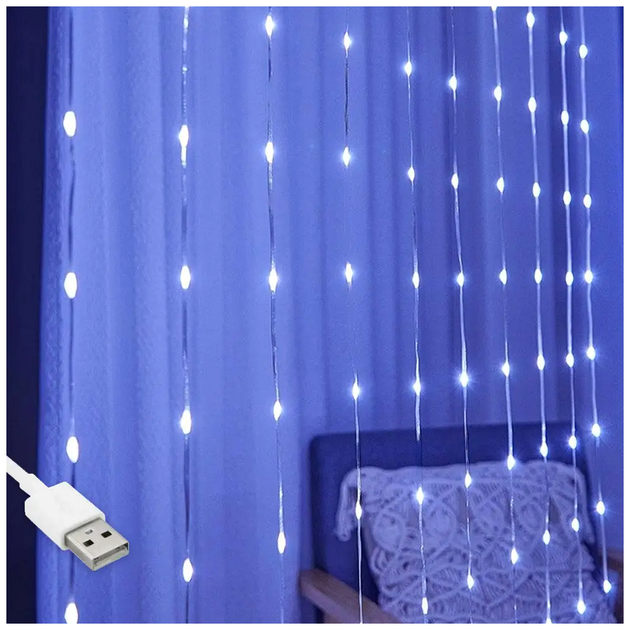 Гирлянда штора Водопад-роса 128 LED 2x1.6м USB синий 8 режимов освещения для декора интерьера SQ-26795 - изображение 2
