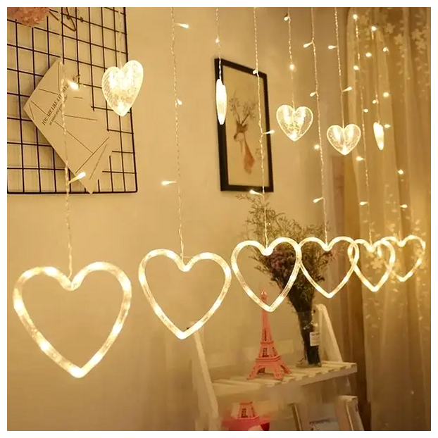 LED гирлянда штора 3х1м 12 фигурок 220В 8 режимов теплый белый для романтического декора SQ-27440 - изображение 5