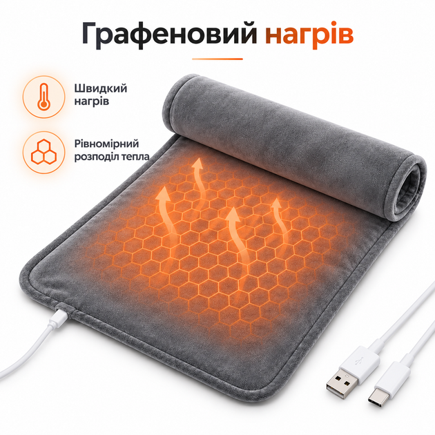 Електрична грілка USB Type-C з графеновим підігрівом 35°C від павербанка для рук, ніг і тіла, 30×50 см - зображення 5